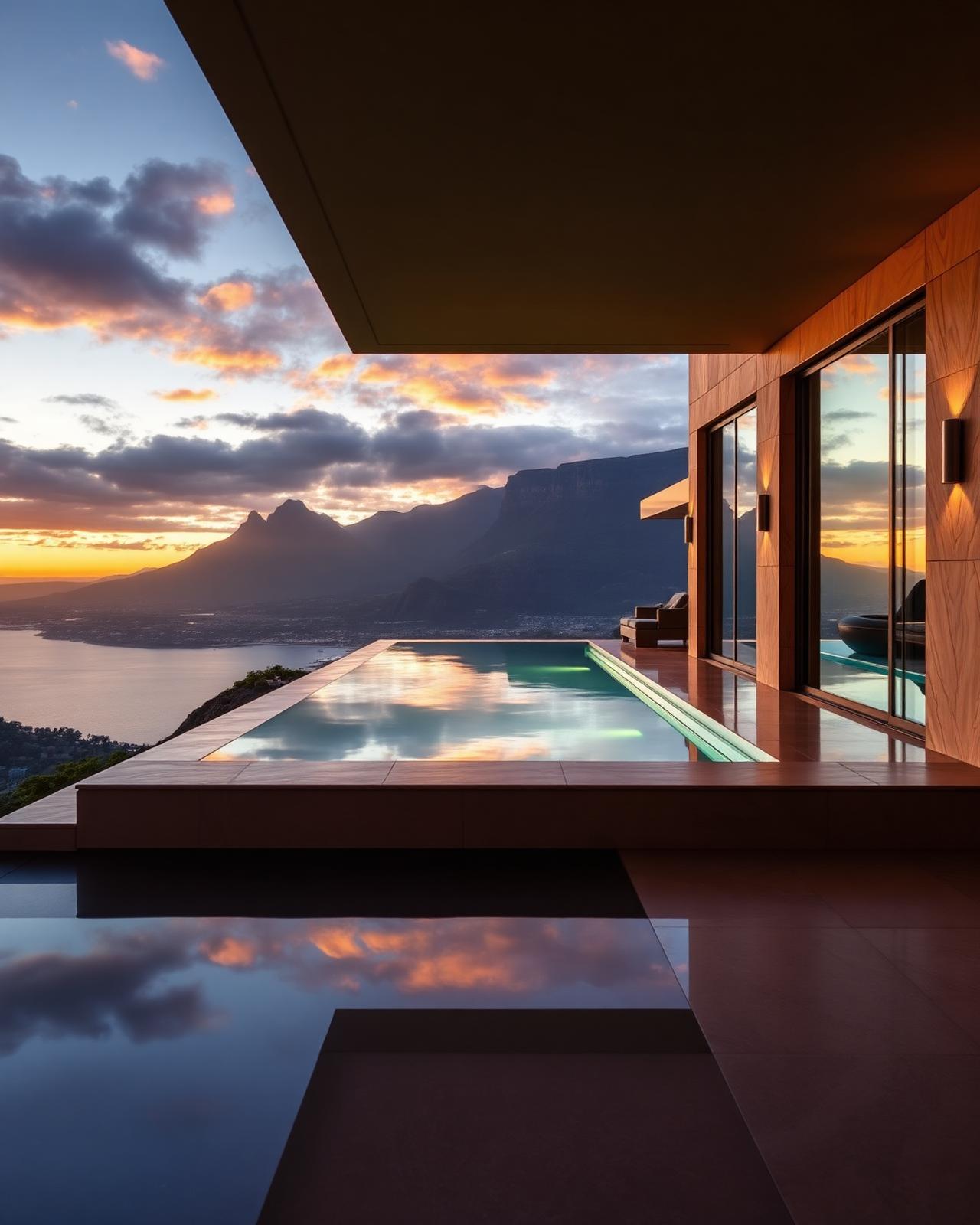Luxury Cape Town residence at golden hour with infinity pool and mountain views