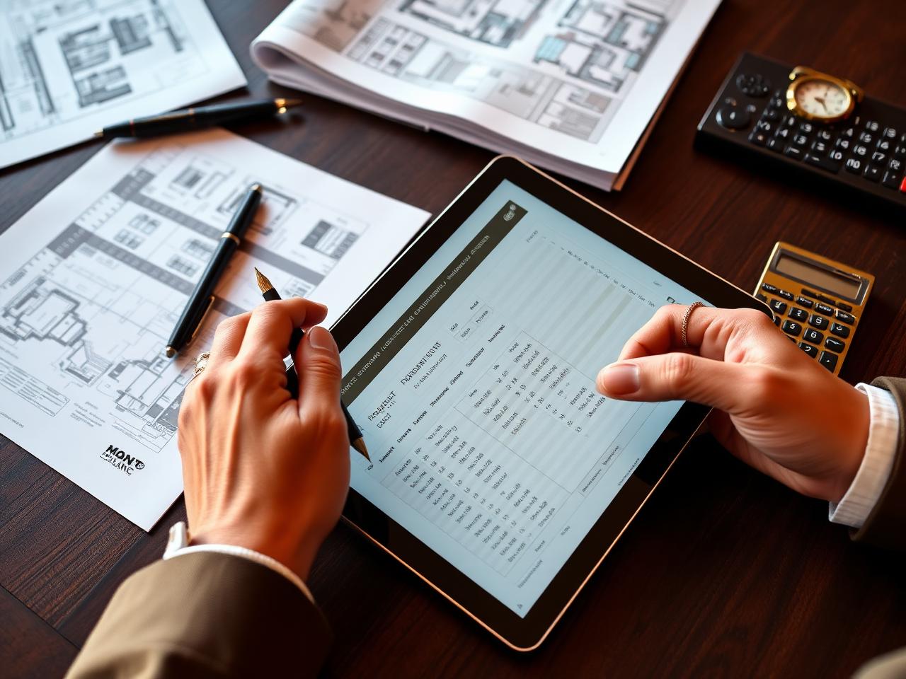 Hands reviewing programme schedule and budget on a tablet with architectural cost plans