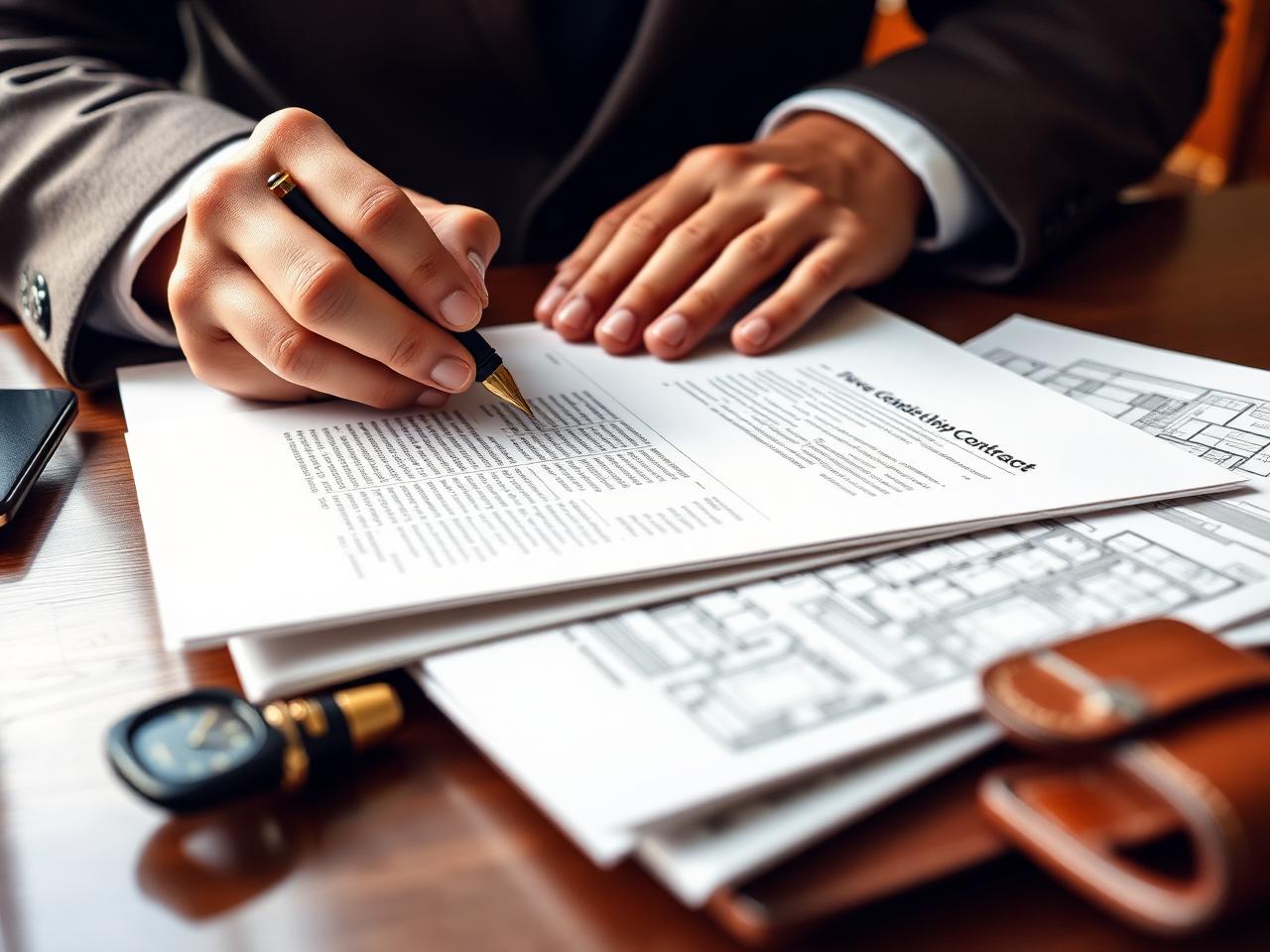 Signing a construction contract with a fountain pen on a walnut desk