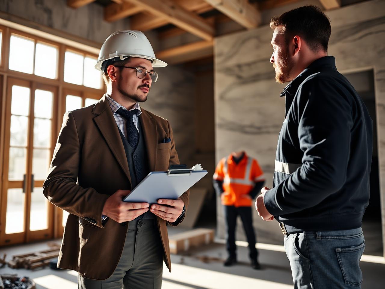 Project manager inspecting quality of finishes on a luxury construction site