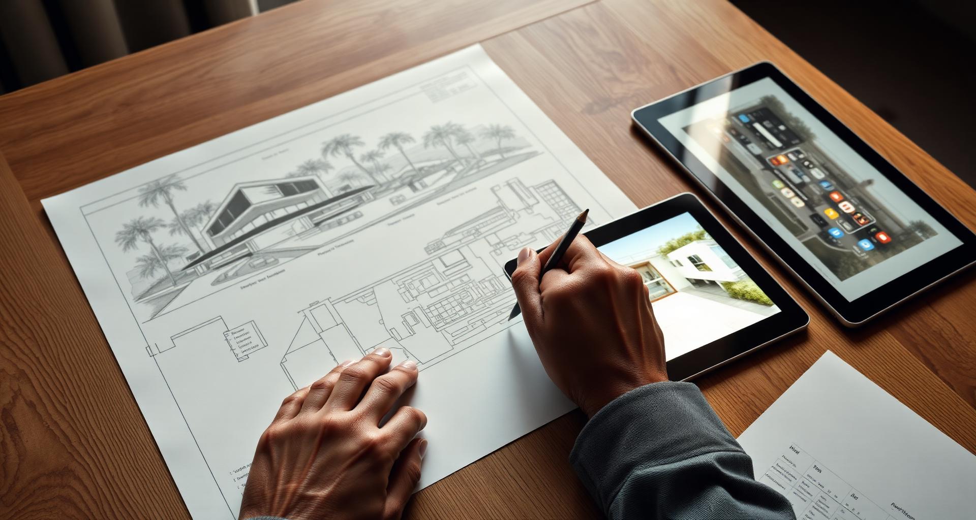 Architect sketching a luxury residence beside a tablet rendering