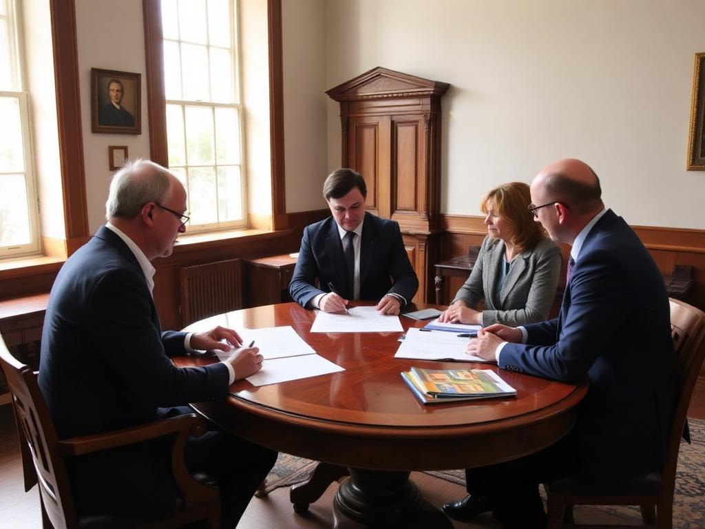 Heritage authority liaison meeting around a polished wood table