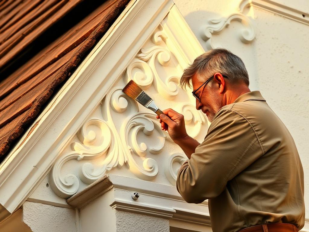 Master craftsman restoring a Cape Dutch gable with lime plaster