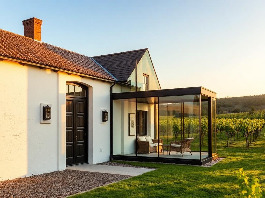 Contemporary glass and steel pavilion attached to a restored Cape Dutch homestead