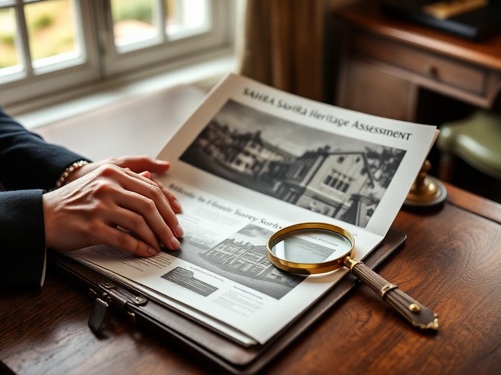 Heritage impact assessment documents and magnifying glass on a walnut desk