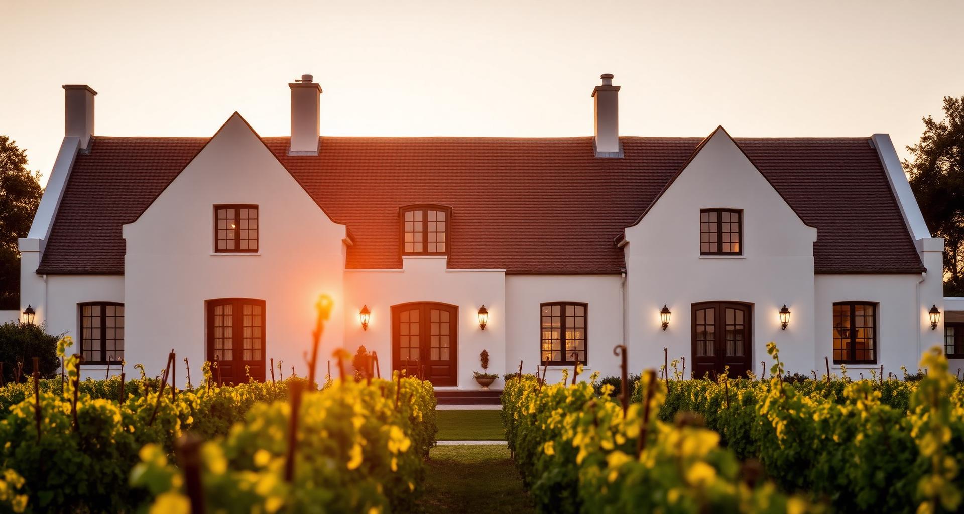 Restored Cape Dutch manor house at golden hour with vineyard foreground
