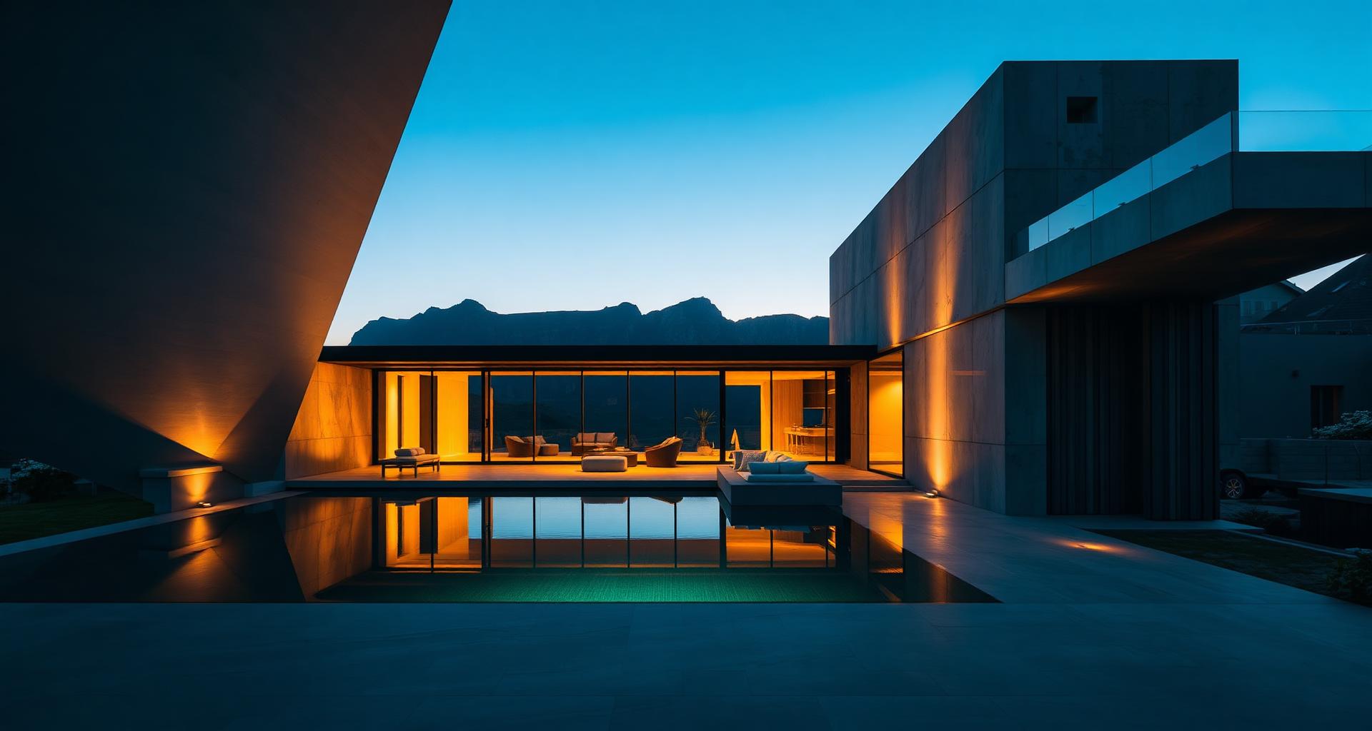 Luxury Cape Town residence at dusk with infinity pool and Table Mountain backdrop