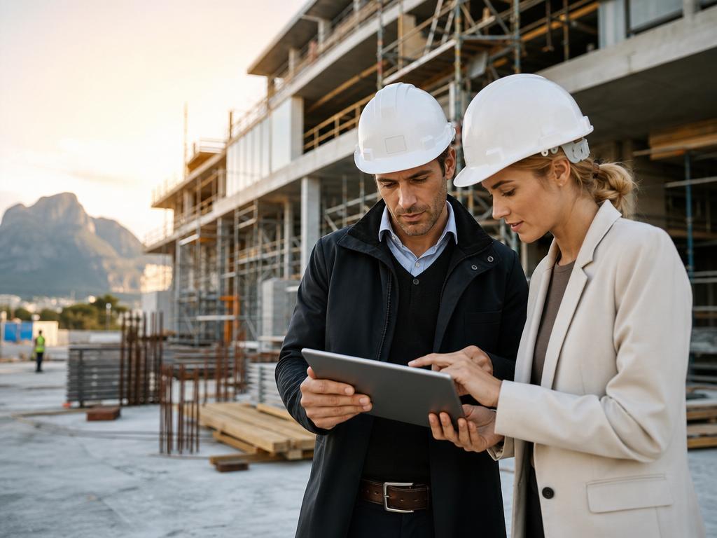 Project managers reviewing construction progress on a tablet at a building site
