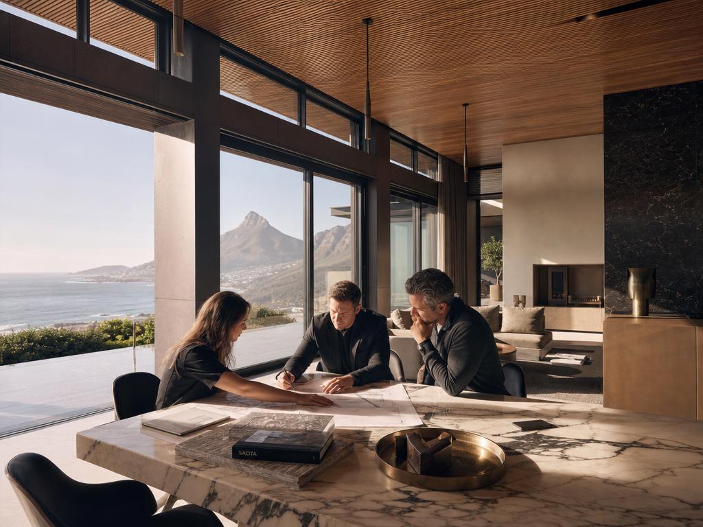 Client consultation reviewing bespoke architectural drawings in a luxury Cape Town residence