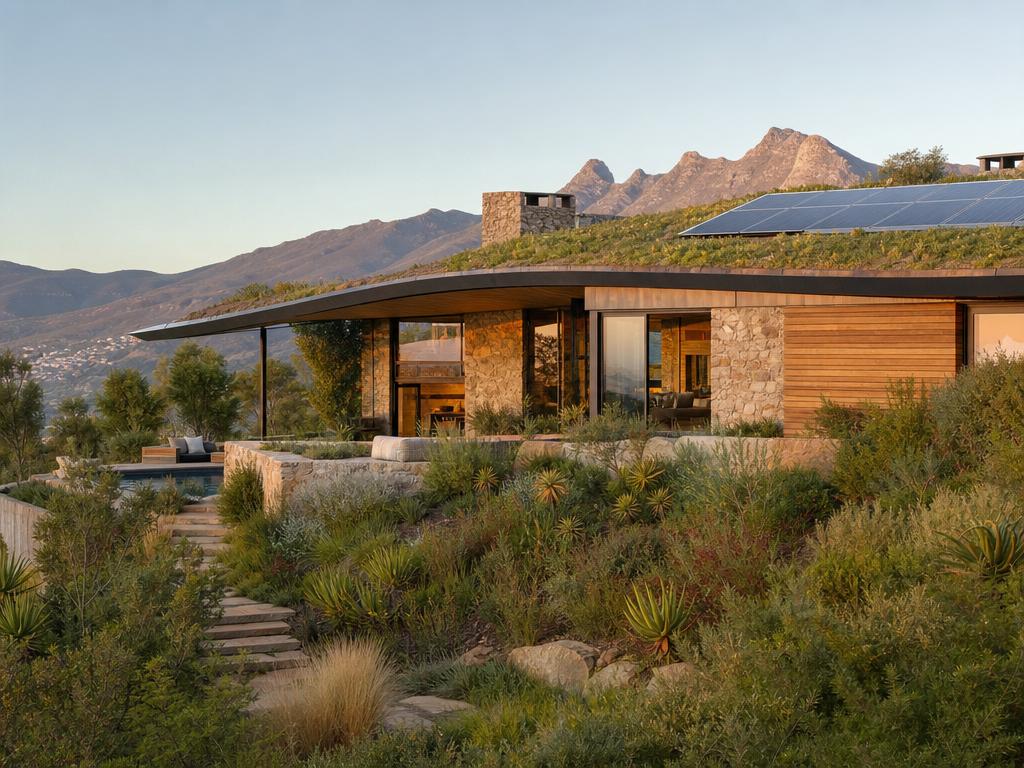 Sustainable luxury residence with green roof and solar panels in a mountain setting